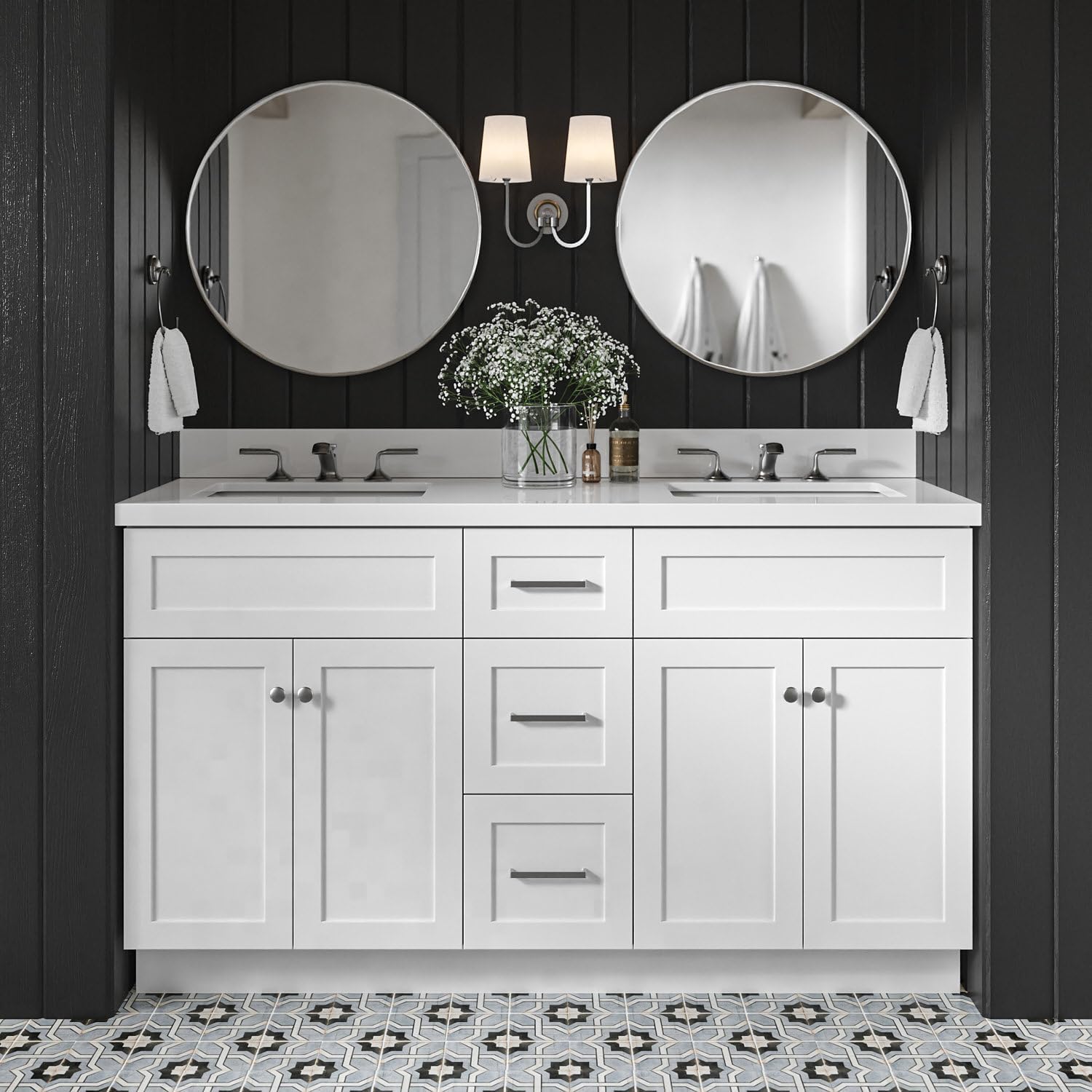 DKB Bradford 60" White Double Bathroom Vanity with Sink, 1.5" Edge Pure White Quartz Countertop, Rectangular Sinks, 2 Soft Closing Doors, 3 Dovetail Drawers, Brushed Nickel