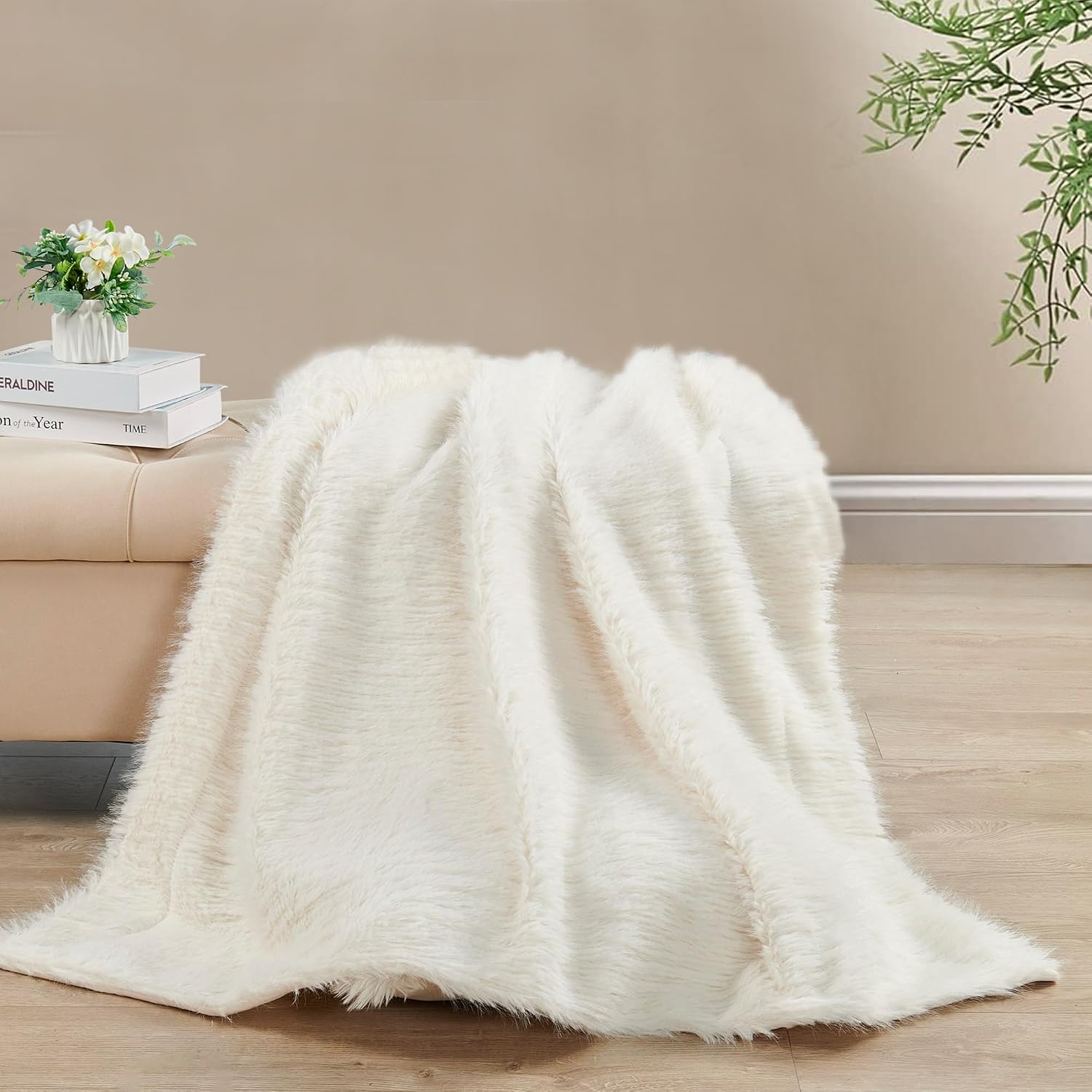 HESTIN Plush Textured Faux Fur Throw Blanket with Micromink, Soft and Thick Throw Fluffy Blanket for Couch Bedroom Living Room, 50''x60'', Antique White