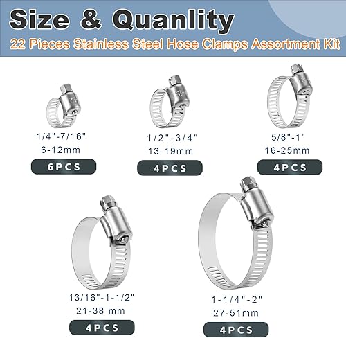 Miniatura 2 de Kit surtido de 22 abrazaderas de manguera de acero inoxidable de alta calidad, abrazaderas de engranaje helicoidal, abrazaderas de manguera pequeñas