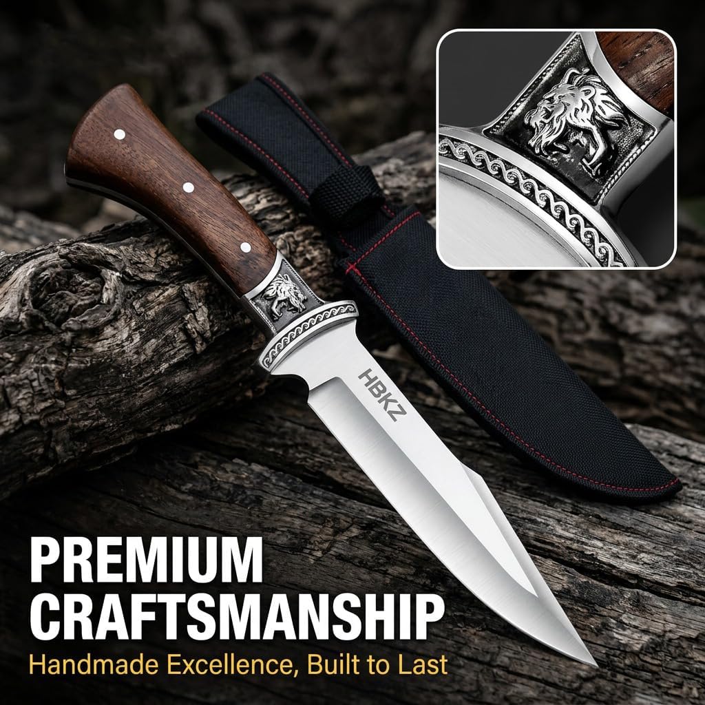 12" Fixed Blade Outdoor Knife with Nylon Sheath, 6.3" 9Cr18 Stainless Steel Full Tang Hunting Knife, Ergonomic Solid Wood Handle with Wolf Head Relief Guard for Camping, Survival & Fishing
