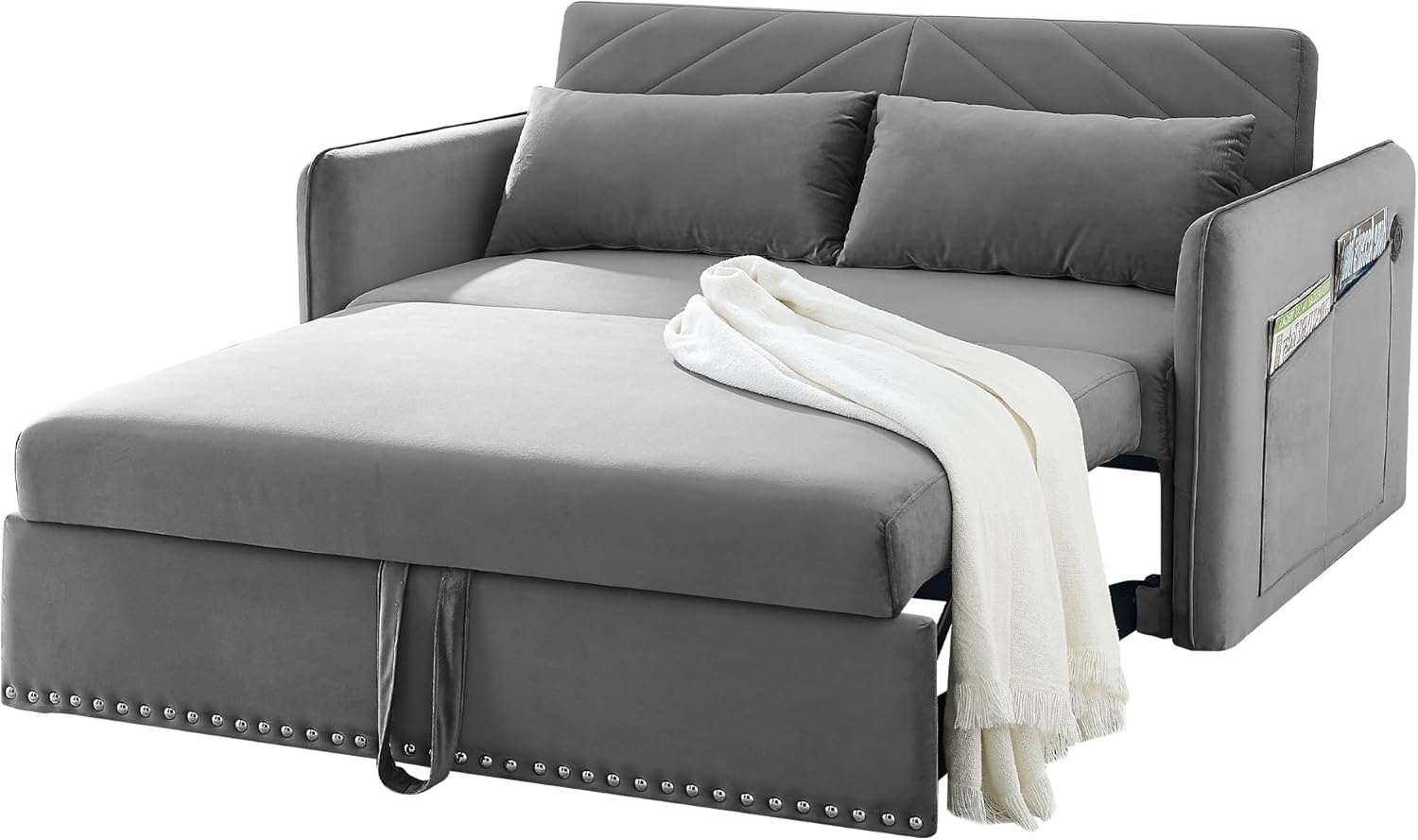 Loveseat Sleeper USB Port Pull Out Couch with Nailhead Trim, 3 in 1 Sofa Bed Adjustable Backrest with 2 Pillows, Grey