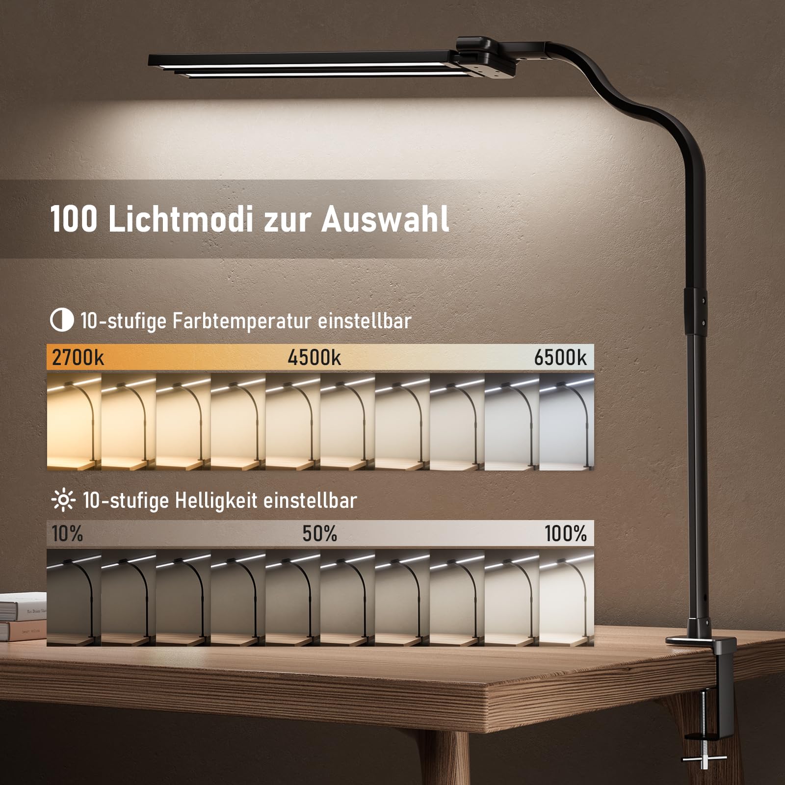 Jeebel LED Schreibtischlampe Dimmbar 24W, 1800LM 80cm Doppelkopf Schreibtisch Lampe mit Fernbedienung, Klemmbar(9,5cm), 10 Farbtemperatur 10 Helligkeitsstufe, Schwanenhals Lampe Tischlampe für Büro