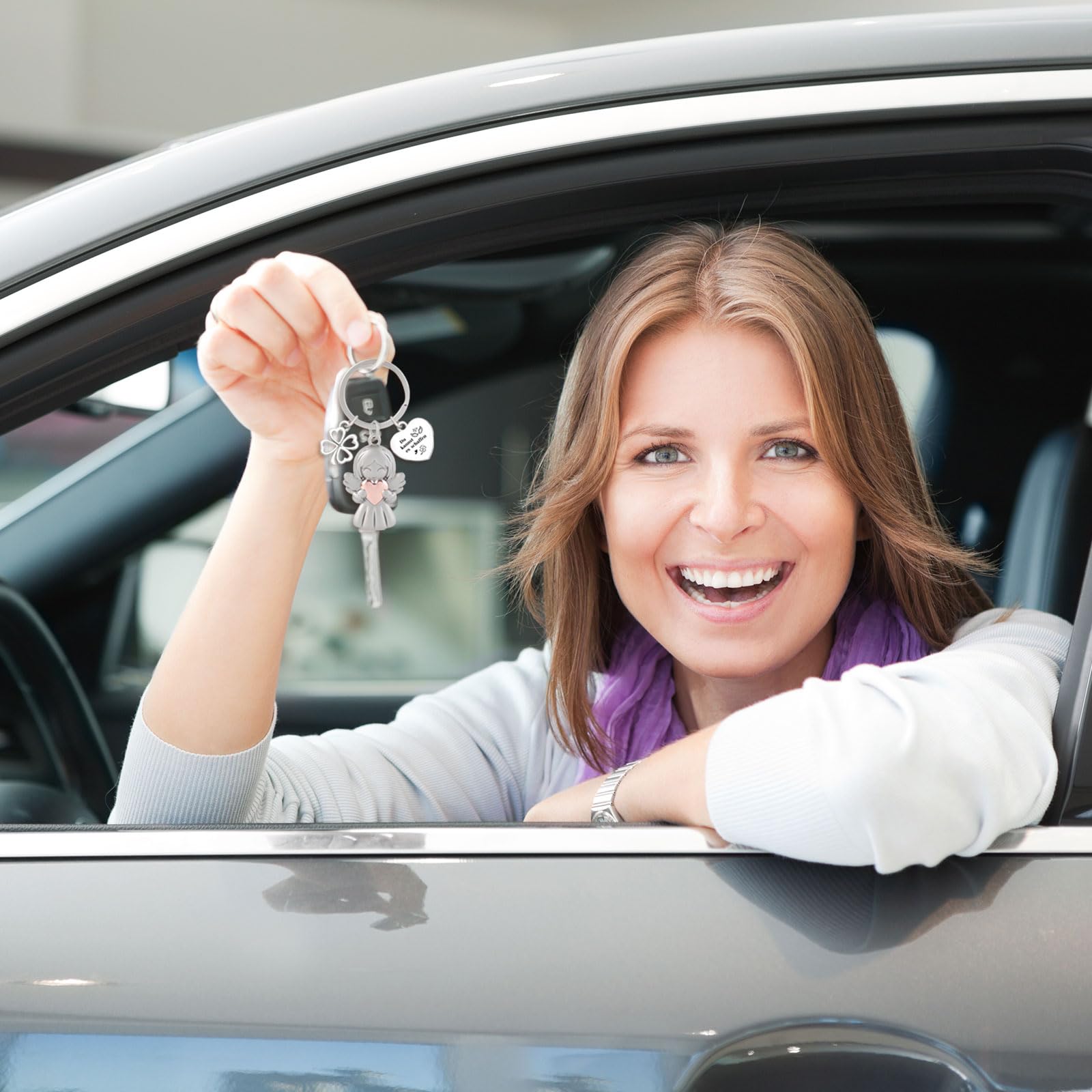 Legezon Portachiavi con angelo custode, quadrifoglio, angelo in metallo, il tuo partner auto, portafortuna, regalo patente di guida auto, lega di zinco, cromato lucido, Silberx2, Silberx2