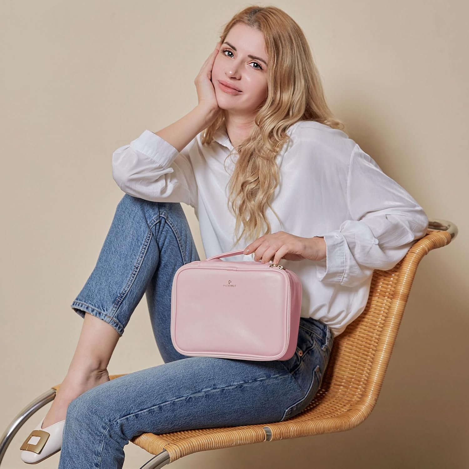 Pocmimut Makeup Bag,2 in 1 Large Cosmetic Bag with Brush Holder,Travel Toiletry Bag & Vanity Organizer for Women,Pink