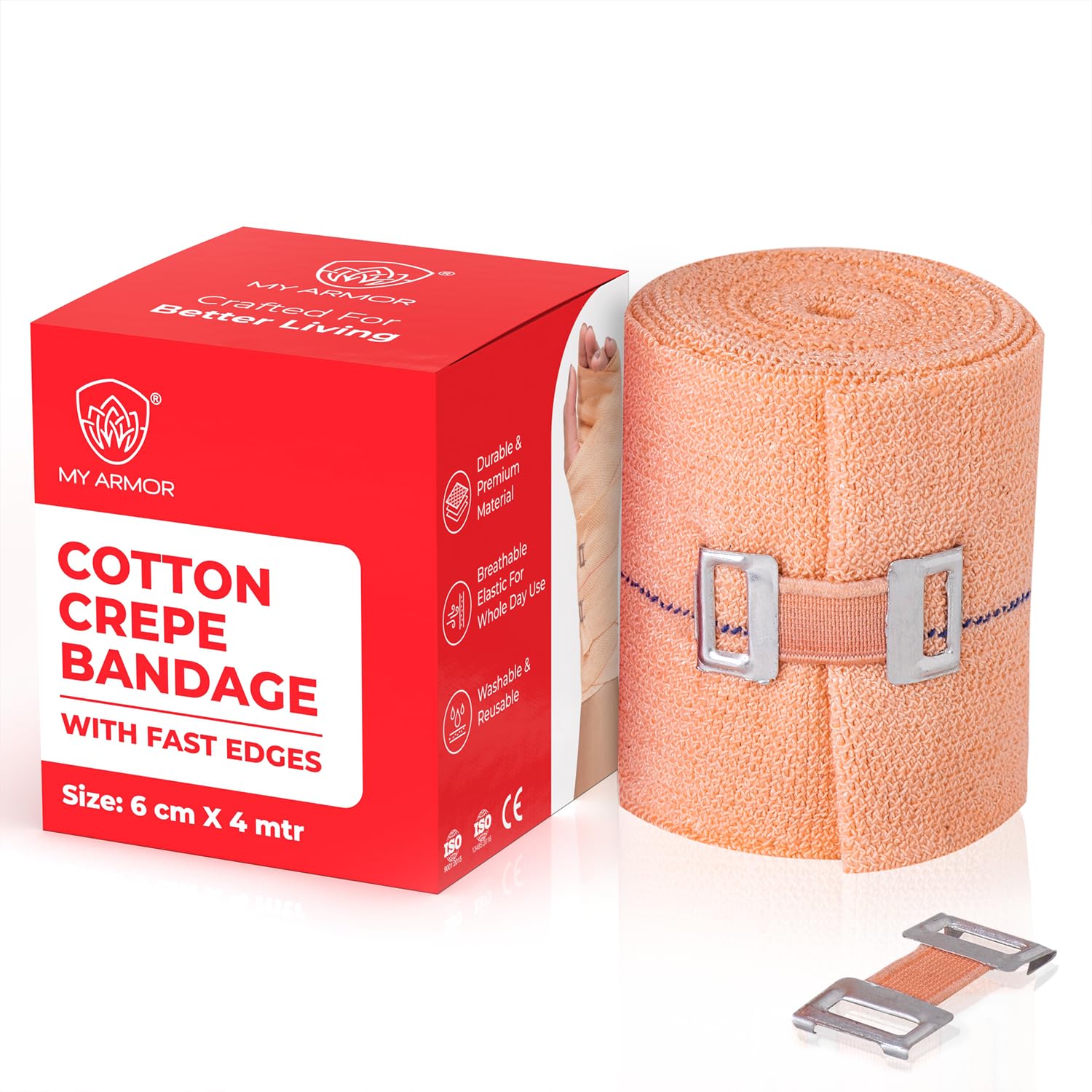 MY ARMOR Cotton Crepe Bandage for Pain Relief, 6cm X 4mt Tape for Injury & Muscle Compression, Pack of 1