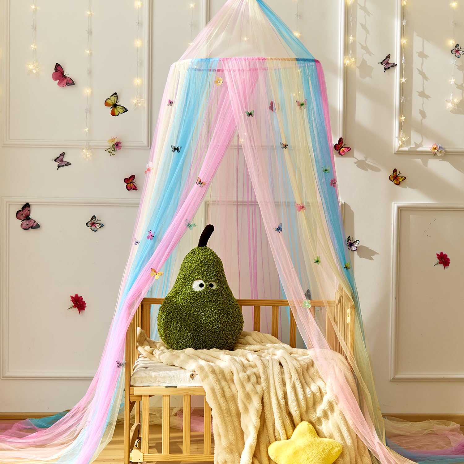 Wnqou Rainbow Bed Canopy for Girls,X-Large Princess Canopy Hanging Netting Bedroom Decor for Girls Mosquito Net for Baby Crib Twin to King Size Bed (Rainbow+butterfly) - Image 2