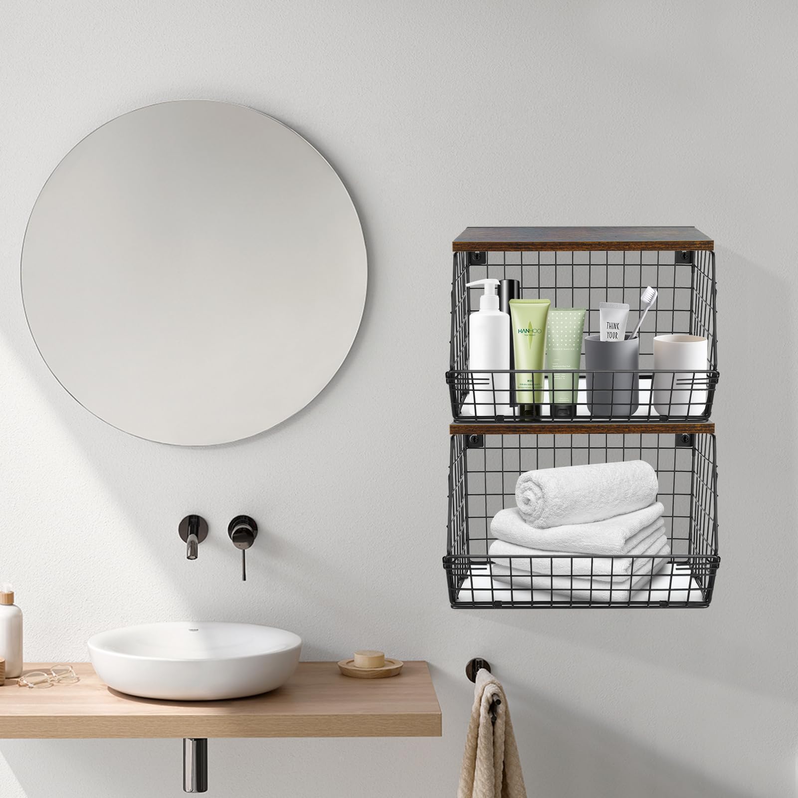 Cesta de frutas de pared con tapa de madera, cesta de almacenamiento para frutas y verduras de 30 x 20 x 21 cm (2 piezas), color negro
