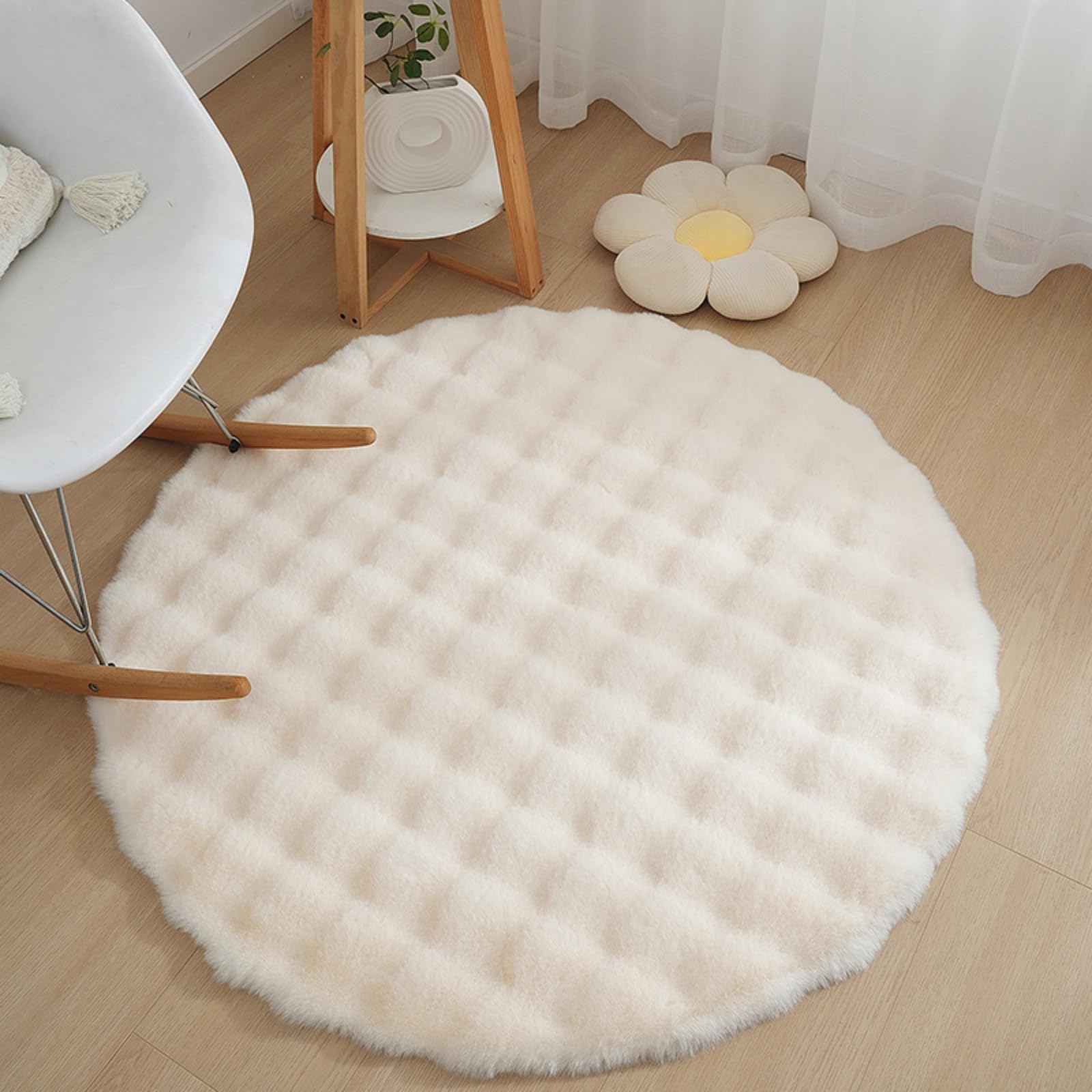 KRIPINC Round Faux Sheepskin Rug, Shaggy Faux Fur Rug, Beige Fluffy Carpet, Home Decor Washable Round Kids Floor Mats