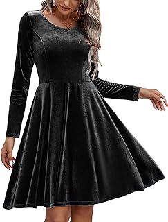 Chigant Women's Velvet Dress Long Sleeve Velvet Cocktail Party Dresses Flare Swing Mini Prom Dress for Wedding Guest