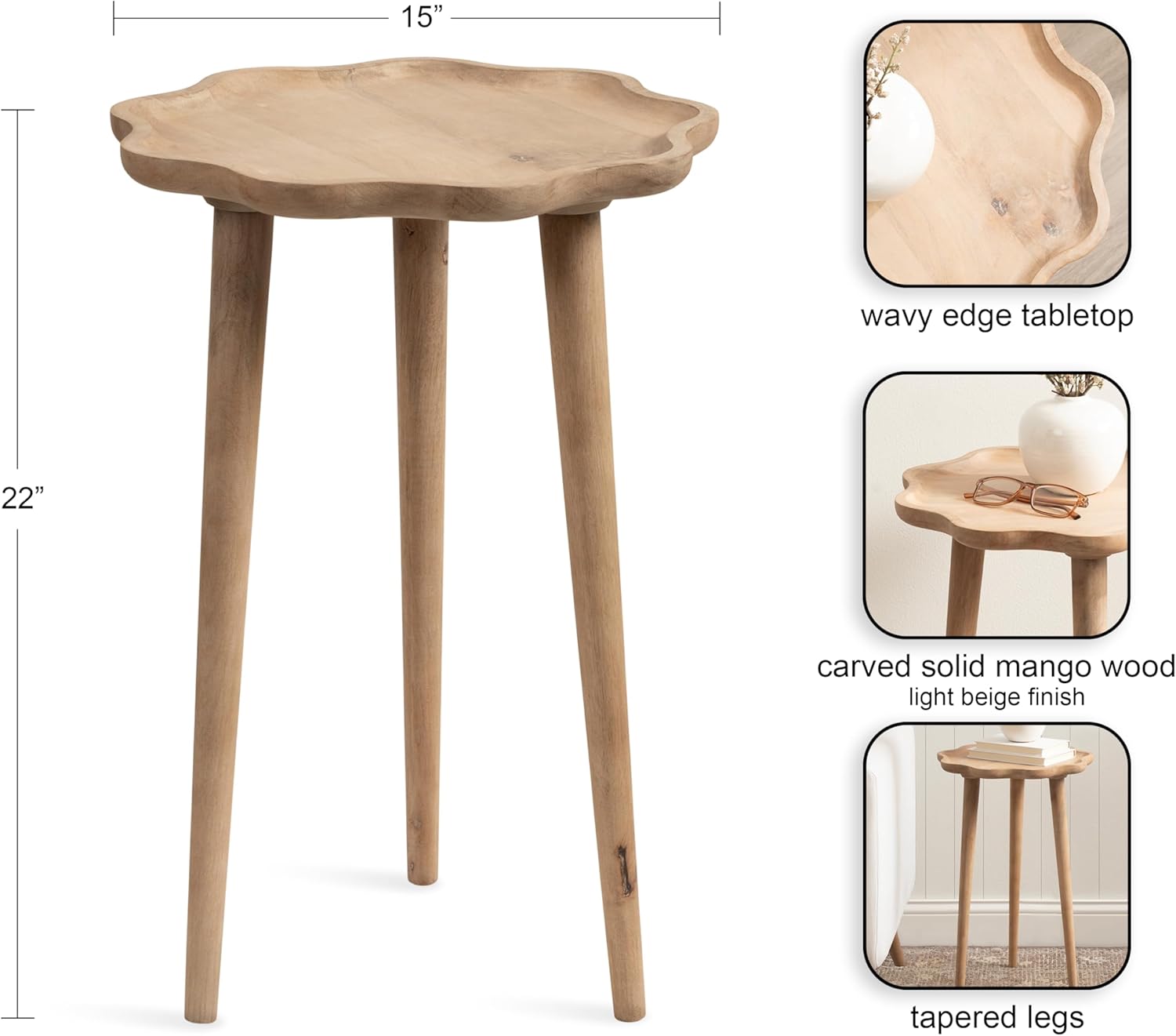 Kate and Laurel Alezar Modern Wooden Round Side Table, 15 x 15 x 22, Light Natural, Transitional Solid Wood End Table with Wavy Edge for Bedroom Nightstand or Living Room Decor