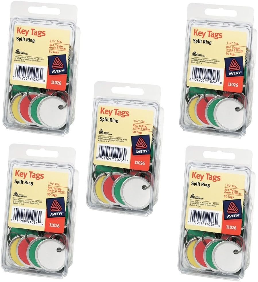 5 X Avery Assorted Split Ring Metal Rim Key Tag , 1-1/4 Inches, Pack of 50 (11-026)
