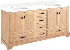 Signature Hardware 483491 Quen 72" Free Standing Double Basin Vanity Set with Cabinet, Vanity Top, and Undermount Sink - 3 Faucet Holes - Driftwood Brown/Feathered White Quartz
