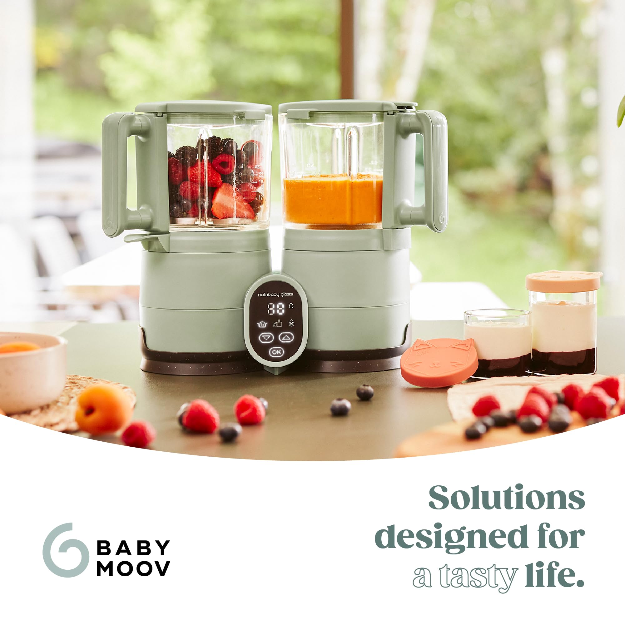 Babymoov Robot Cuiseur Bébé Nutribaby Glass - Bols en Verre - 4 en 1 Mixeur Cuiseur Vapeur, Grande Contenance 1,9L, Cuisson Saine des Aliments, Vert Celadon