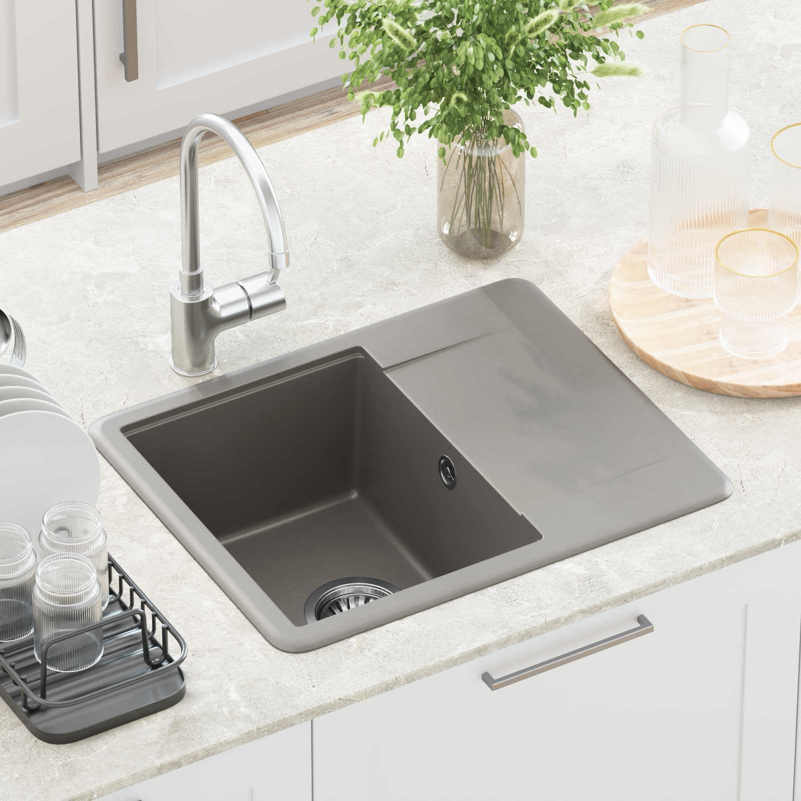 Lavabo gris 560 x 460 mm de 80% cuarzo y 20% resina, fregadero empotrable duradero con escurridor para cocinas modernas, granito resistente, fácil montaje, resistente al calor hasta 280 °C