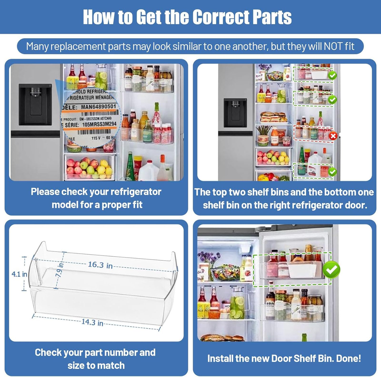 Fácil instalación, repuesto de contenedor de refrigerador, solución de configuración rápida, organizadores de refrigerador, adecuados para refrigeradores seleccionados, estante de puerta de
