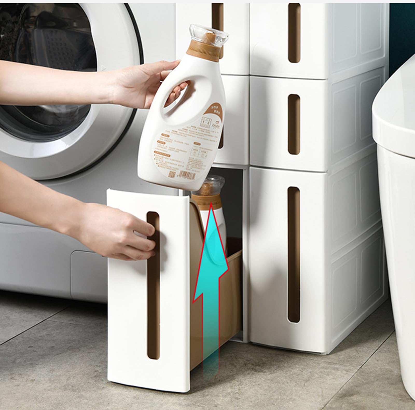 Cassettiera verticale stretta a 5 livelli con ruote e cassetti, sottile nizer da bagno per piccoli spazi, soluzione salvaspazio a torre