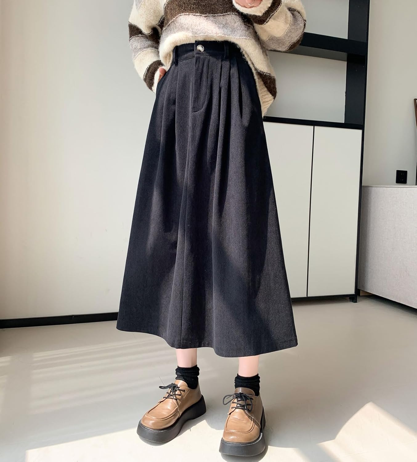 chouyatou Women's Vintage Corduroy A Line Skirt High Elastic Waist Pleated Swing Midi Long Skirt with Pockets - Image 5