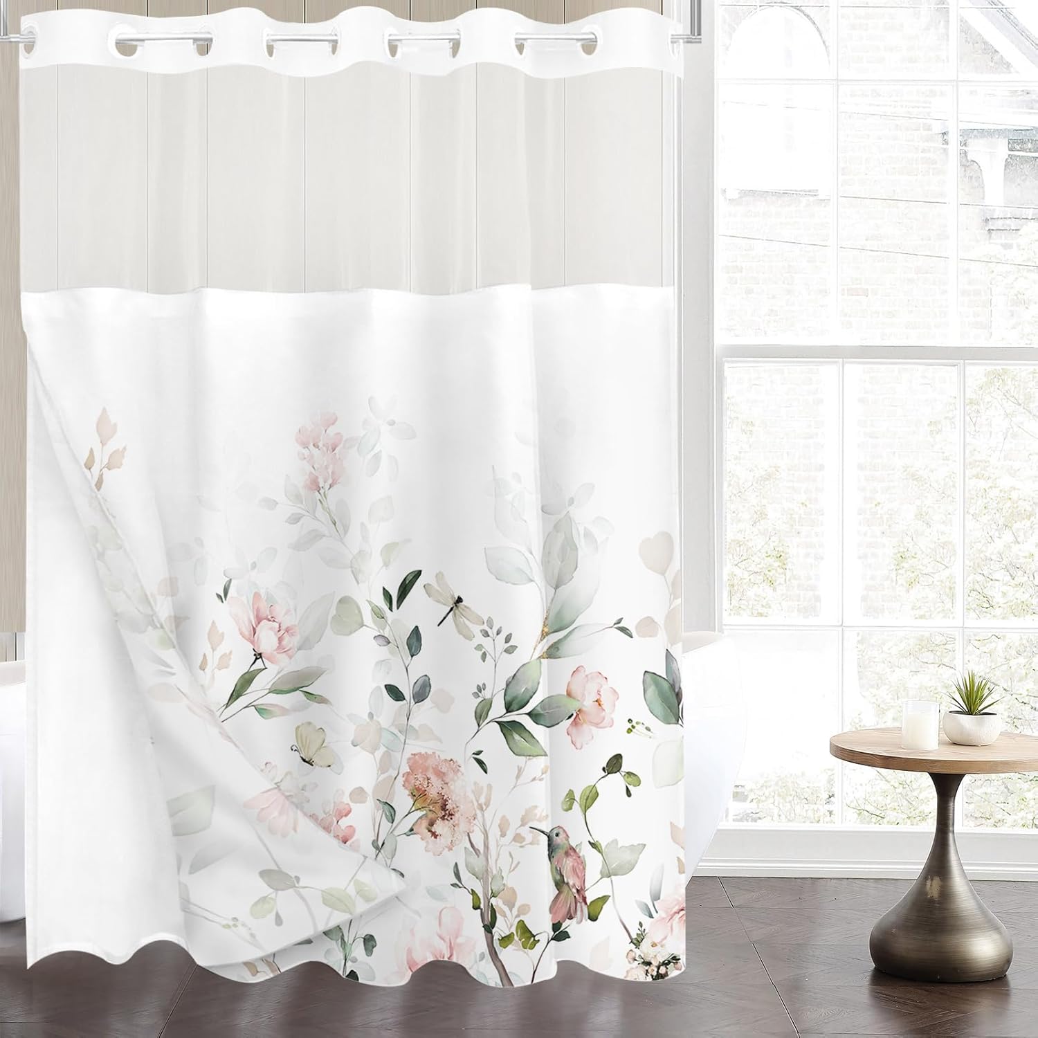 Tititex No Hooks Snap in Liner Aesthetic Blooming White Flowers Pink Bird Shower Curtain Sets, Hotel Luxury Double Layers Waterproof Fabric & See-Through Top Window Bathroom Decorative 72x84 Inch