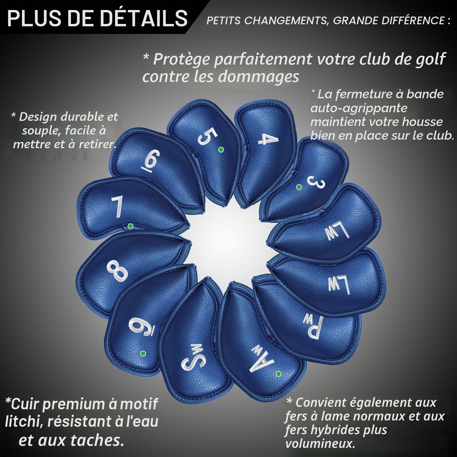 Lot de 12 housses de club de golf en cuir synthétique avec chiffres imprimés - Durable - Pour homme et femme - Ajustement universel à tous les clubs de fer