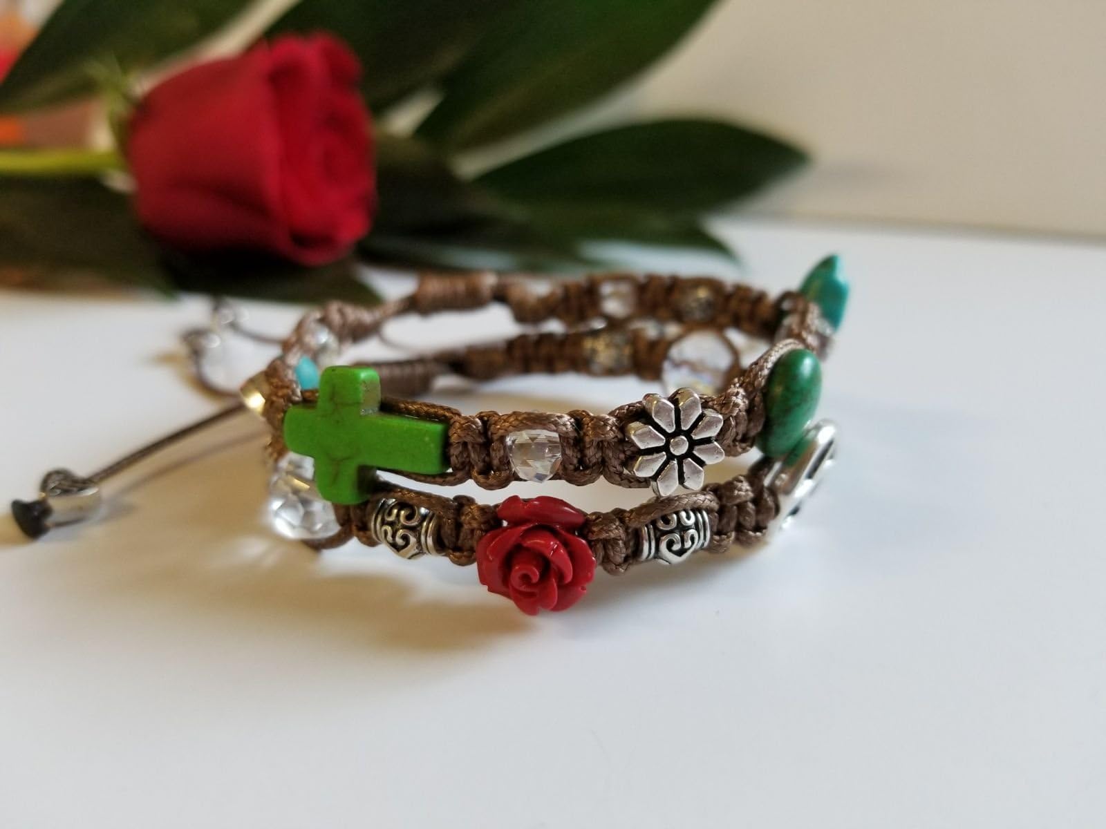Brown lace woven bracelet set with decorations
