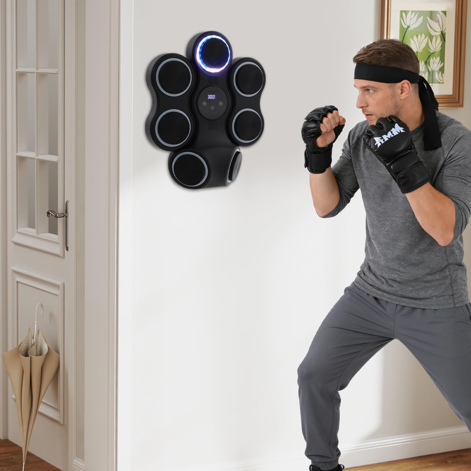 Entrenador de boxeo inteligente para montaje en pared, 7 objetivos electrónicos con gancho izquierdo+derecho, 11 modos y 9 velocidades, música Bluetooth y LED, máquina de boxeo para adultos y niños