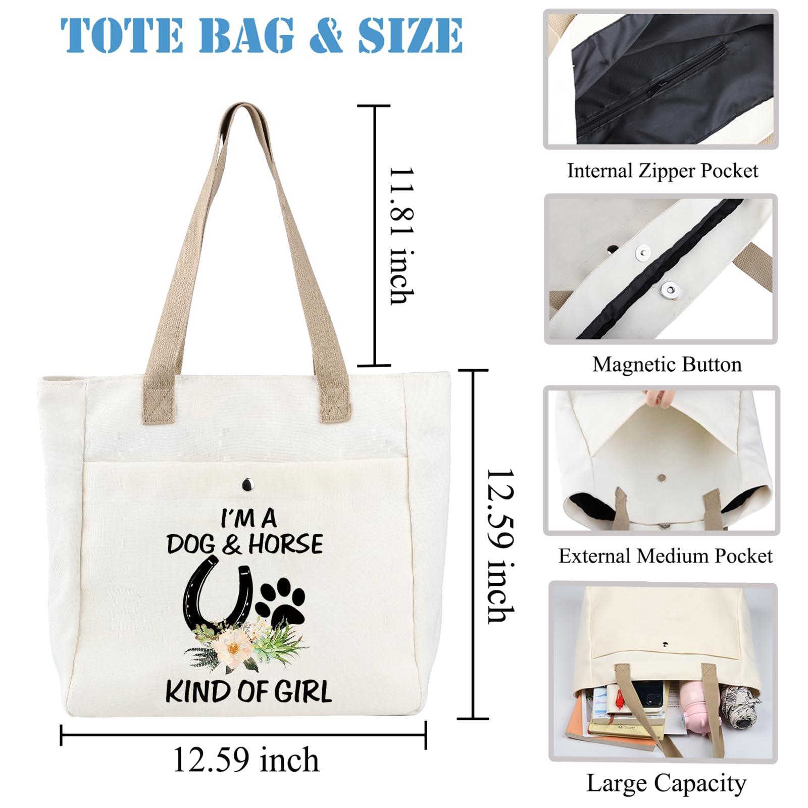 PLITI Horse Lover Gift I'm a Dog And Horse Kind Of Girl Tote Bag Paw Print Horseshoe Gift Dog Lover Gift Horse Trainer Gift (Dog And Horse TBU) - Image 2