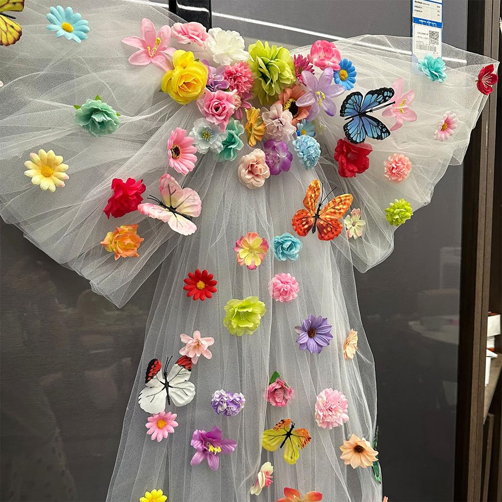 Tüll Schleifen Groß Deko Geschenkschleifen mit Blumen Stuhlschleifen Autoschleifen Hochzeitsschleifen Hochzeitsbogen Tüllstoff Hochzeitsdeko Auto Schmuck für Party Deko 100cmx120cm
