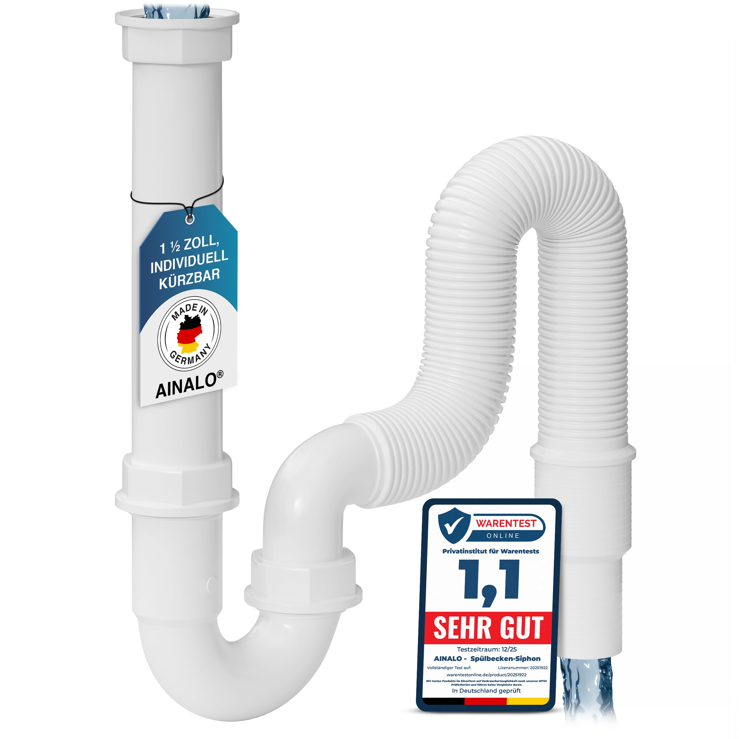 Spülbecken Siphon-Küchenspüle Abfluss-Rohr 50cm kürzbar-Flexschlauch und Einsteck Wandanschluss Ø 40 sowie 50mm. 𝐌𝐚𝐝𝐞 𝐢𝐧 𝐆𝐞𝐫𝐦𝐚𝐧𝐲