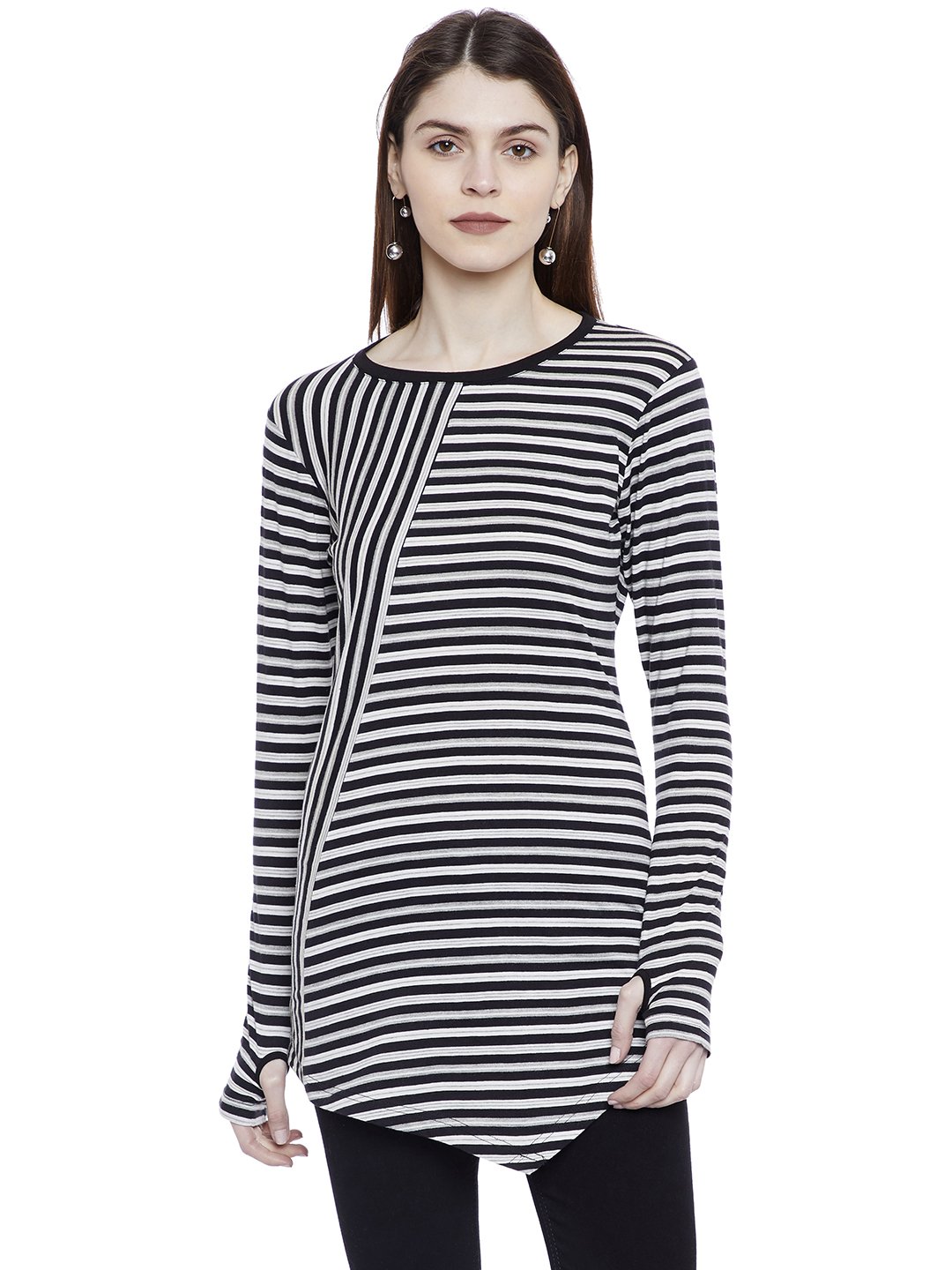 HYPERNATION White and Blue Stripe Vertical and Horizontal Stripe Round Neck Cotton Thumb Insert Asymmetrical T-Shirt for Women(HYPW02026)