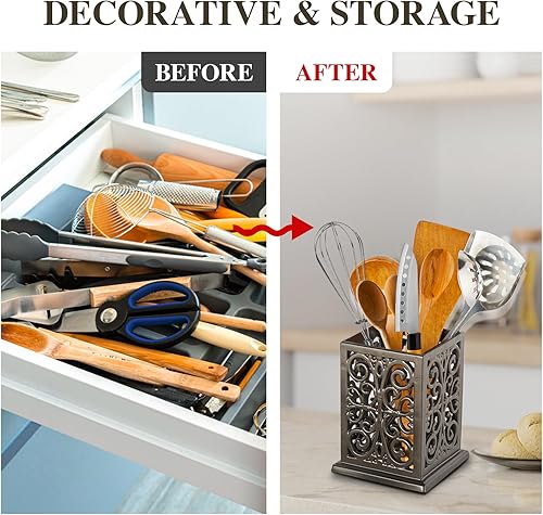 Miniatura 5 de jogreful Soporte para utensilios de cocina de hierro fundido para encimera, organizador de utensilios extra grande con base pesada, decoración