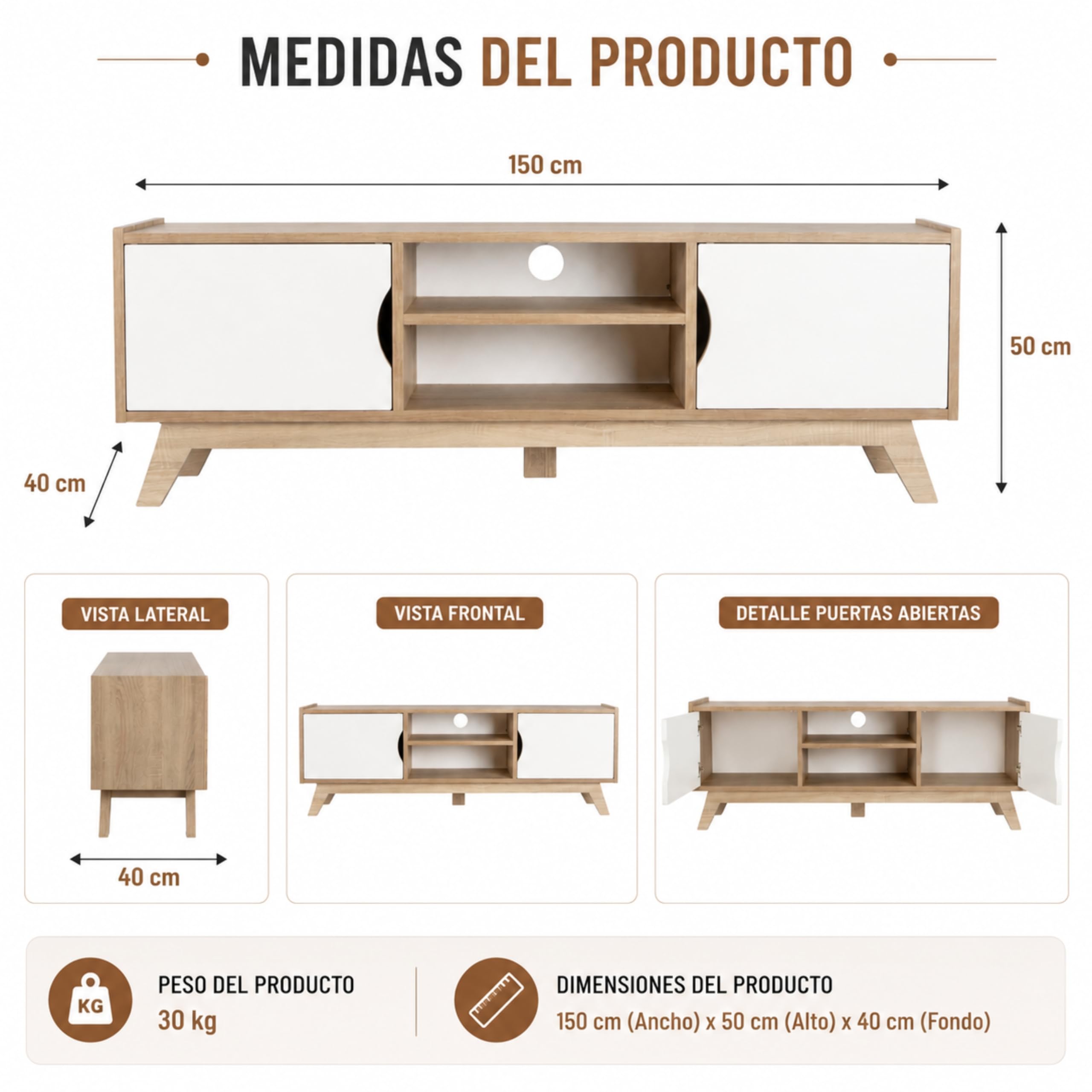 Mueble TV Salon Mesa para TV Color Roble Sonoma y Blanco 150 x 40 x 50 cm. Apolo