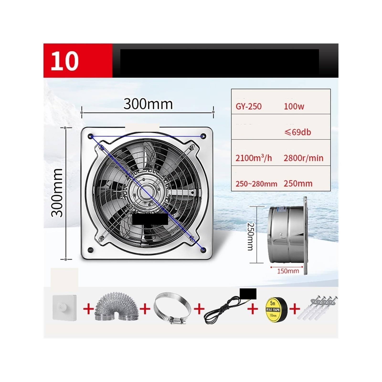 Ventilador de escape, Extractor De Aire, Cocina, Ventilador Humos Aceite, Baño, Ventilación Acero Inoxidable, Campana Extractora Industrial(10 inch D1)