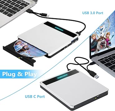 External DVD Drive for Laptop, Slim Aluminum CD Burner with Case | USB 3.0 Type-C External CD Drive for Windows PC with SD/TF Card Slot 2 USB Ports, Portable Optical Disc Player Writer for Mac