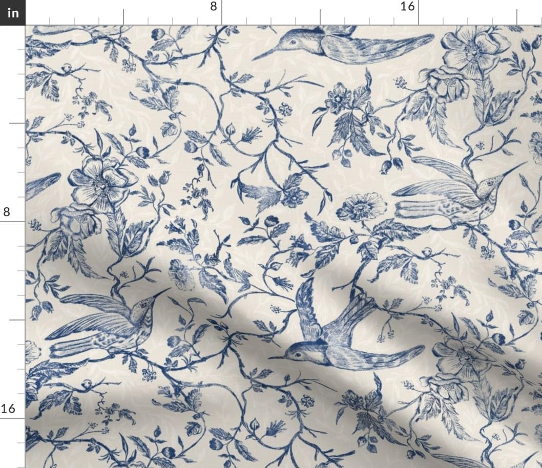 Spoonflower Fabric - Blue Floral Toile Chinoiserie Rococo French Country Vintage Birds Printed on Petal Cotton Fabric by The Yard - Sewing Quilting Apparel Crafts Decor