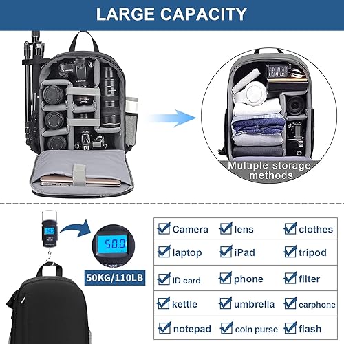 Miniatura 4 de Cwatcun Mochila profesional para cámara SLR DSLR sin espejo, resistente al agua, compatible con cámaras Sony Canon, Nikon y accesorios de trípode (