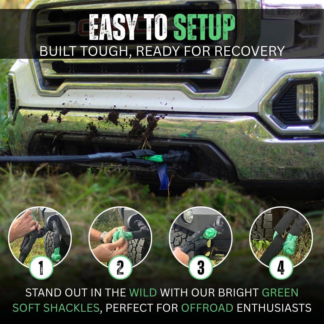 Soft Shackle 2 Pack - ½” x 22” Off-Road Recovery Kit with Tow Straps & Tow Hooks - Heavy Duty Synthetic Rope for Outdoor Enthusiasts - US Vet Owned, Green, with Bag