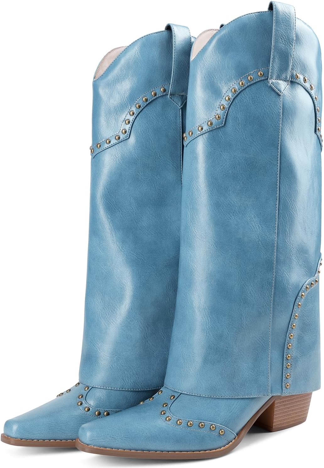 Women Shark Boots Fold Over Mid Calf Chunky Heel Snip Toe Cowboy Cowgirl Pull On Studded Boots for Women - Image 5