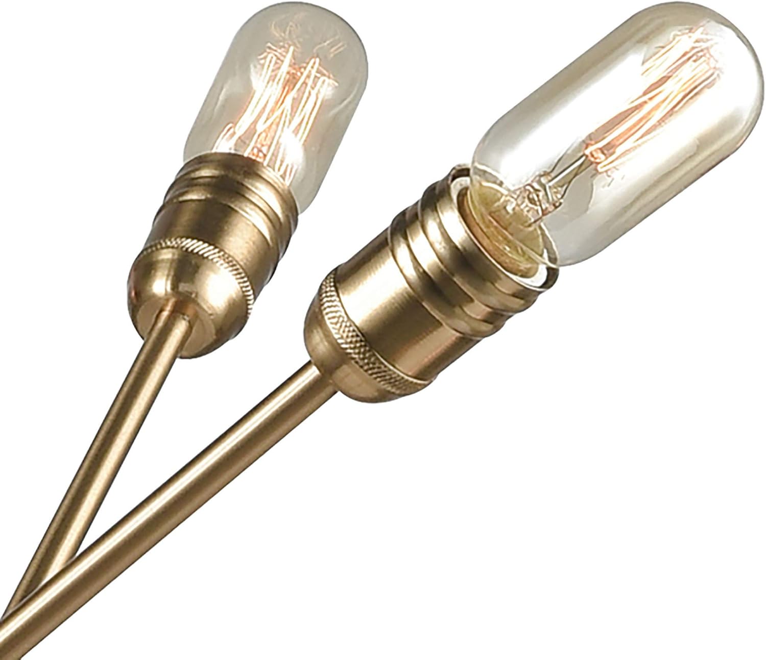 Another close-up of two chandelier arms with exposed E26 bulb sockets, featuring a knurled detail on the socket base, in a satin brass finish.