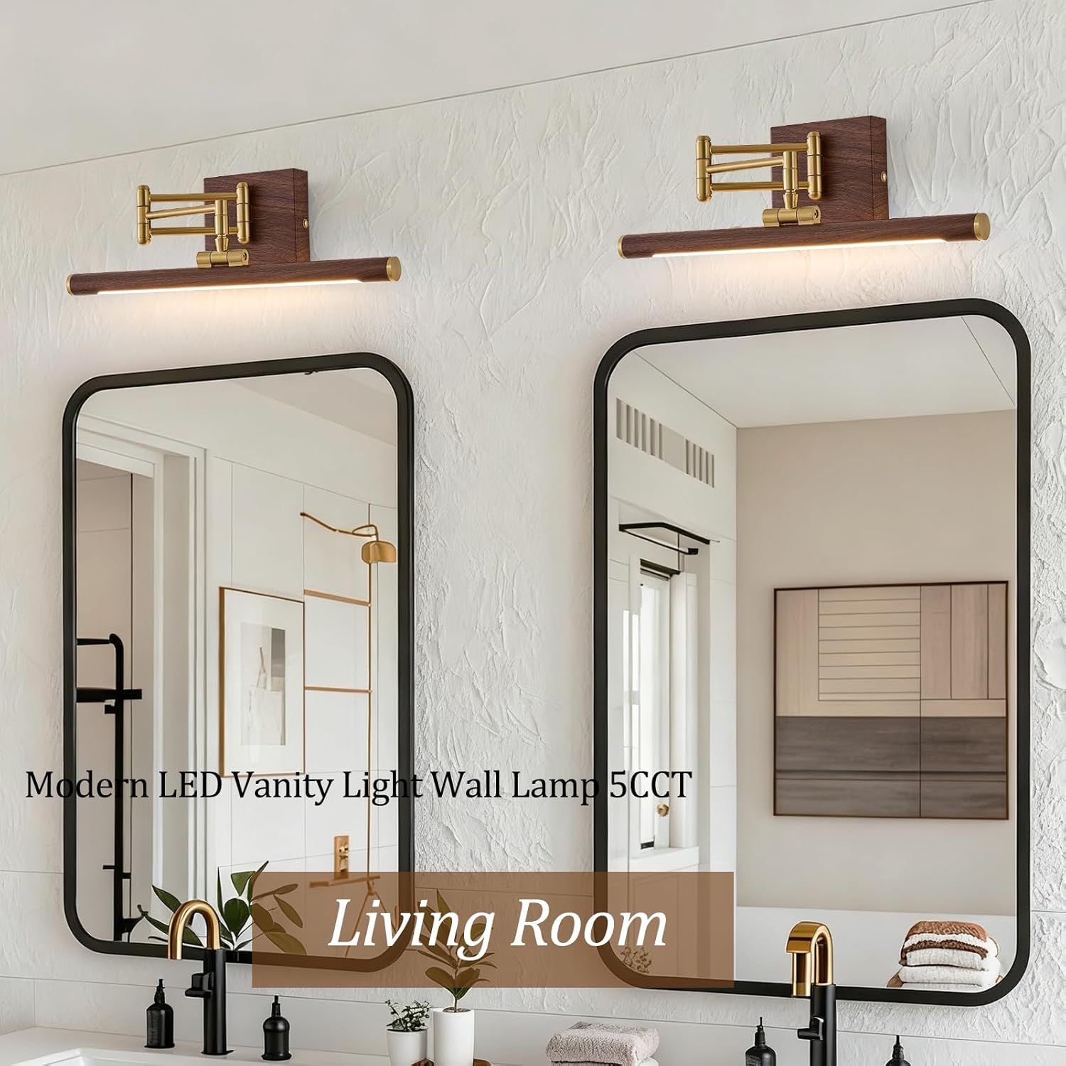 Modern Hard-Wired Picture Light, Wall Mounted Swing Arm Art Light with Adjustable Arms, Brass Finish & Walnut Wood Accent, Dimmable Gallery Lighting for Paintings, Mirrors, Artwork
