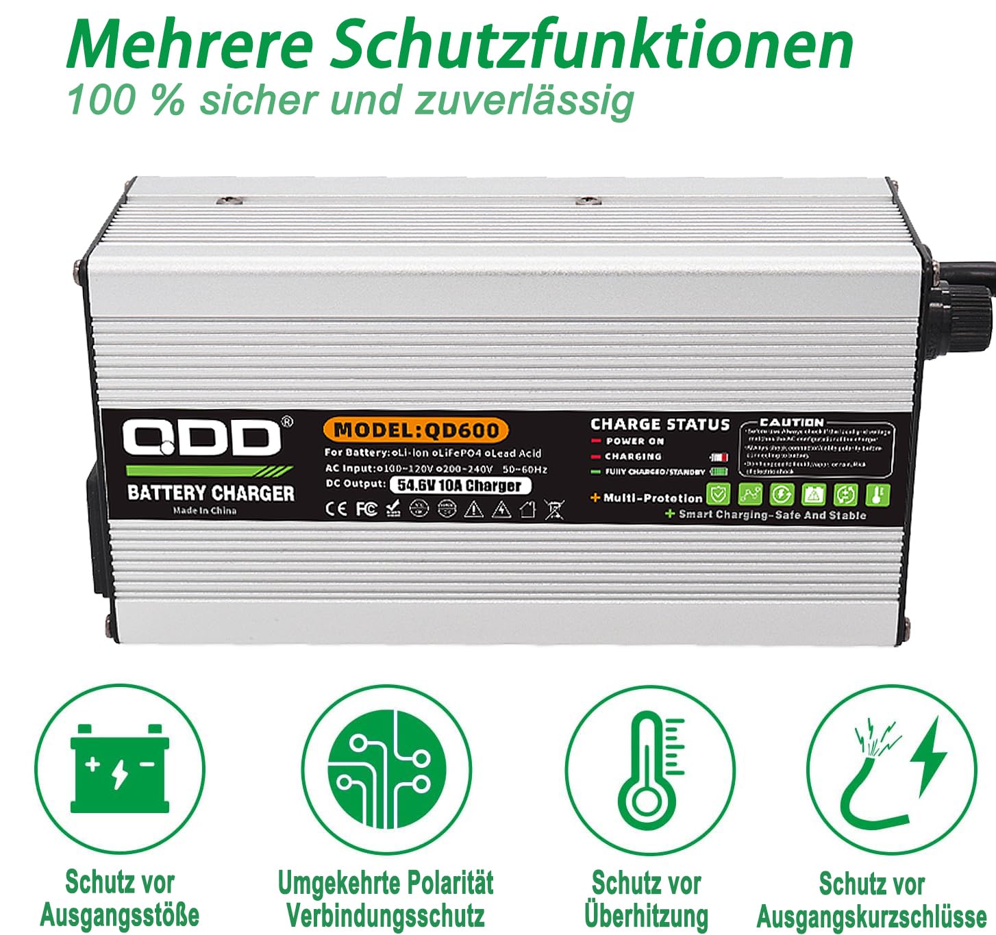 QDD Ładowarka 54,6 V 10 A, inteligentna ładowarka do akumulatorów litowo-jonowych 13S 48 V, srebrna obudowa aluminiowa, bezpieczna i trwała, z wtyczką XT60