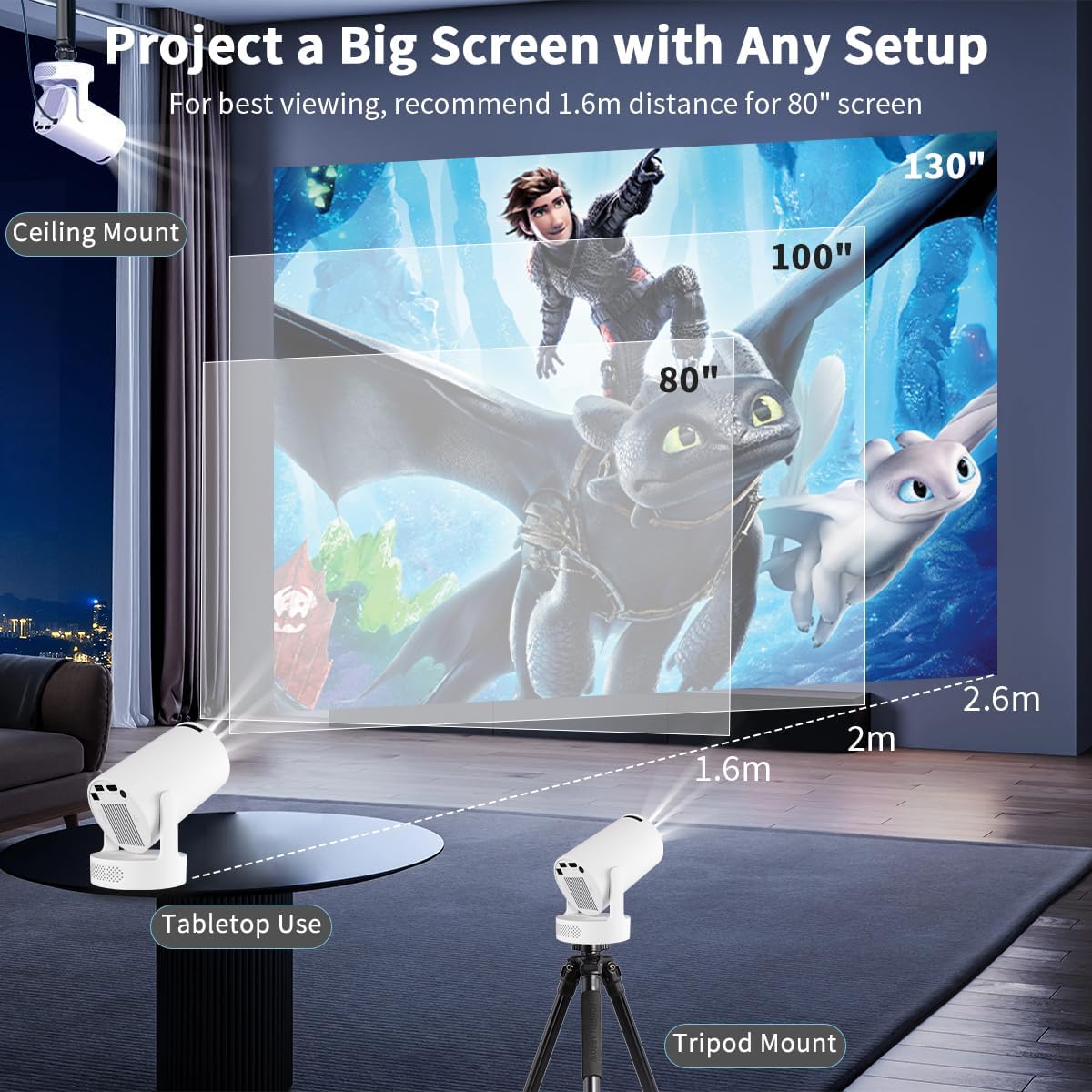 [Apps integradas & 2026 Upgraded] Proyector Portatil 4K, 1080P HD WiFi 6 BT 5.4, Compatibile con HDMI/USB/TV Stick/PS5/Laptop, Proyector para Movil Altavoz de 5W, Auto Keystone, Rotación de 180°
