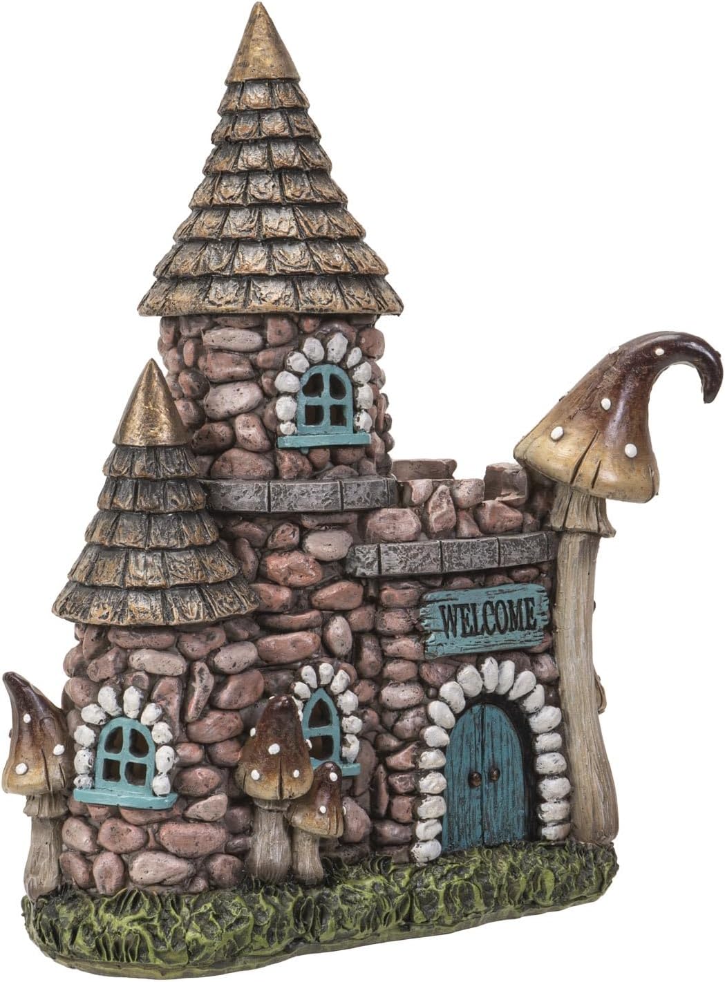 SUMMIT COLLECTION Gifts Enchanted Fairy Castle with Welcome Sign Garden Statue with LED Lights Miniature House Stone-Look Finish Mushroom Accents Polyresin Figurine Home Decor 9.96" H