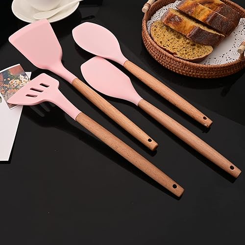 Miniatura 9 de JASHII Juego de utensilios de cocina de silicona rosa, juego de utensilios de cocina de 12 piezas, antiadherentes resistentes al calor con mango de