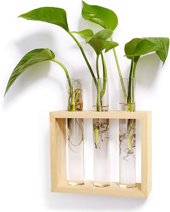 Mkono Wall Hanging Plant Propagation Glass Planter Station 3 Tubes with Wood Stand