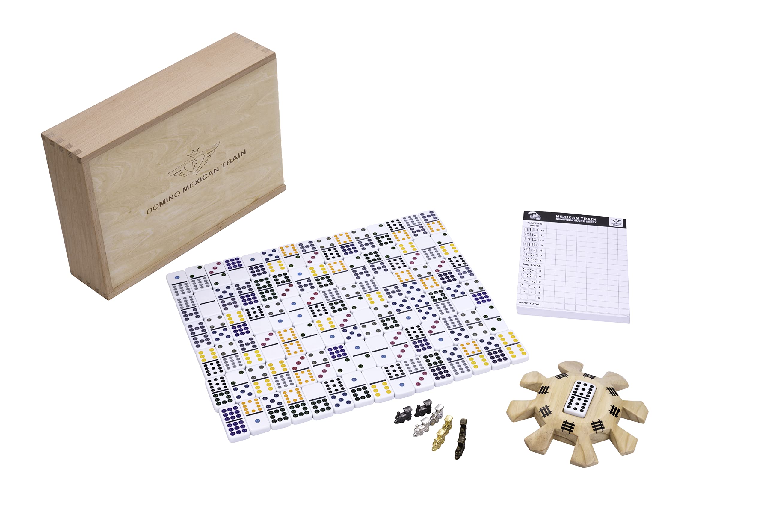 Engelhart – 250120 – Zestaw Mexican Train D12 Deluxe – 91 kamieni – drewniana skrzynka – notes – stacja – 8 pociągów – 2–8 os.