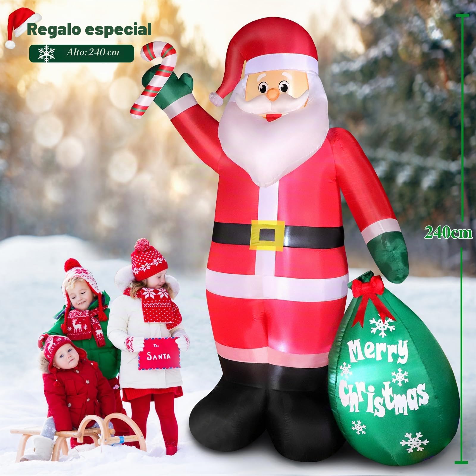8FT Papá Noel Inflatable con LED, Decoración Resistente Intemperie IP44 Figura Gigante de Papá Noel con Bastón y Paquete de Regalo, Decoración de Iluminación Interior Exterior para Jardín Patio