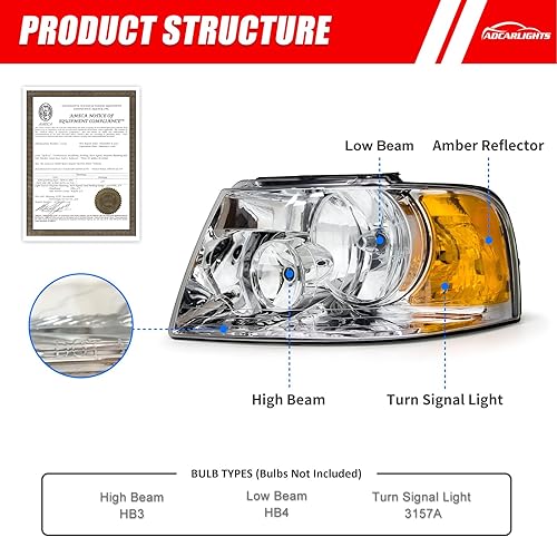 Miniatura 2 de Para Ford Expedition 2003, 2004, 2005, 2006, compatible con Ford Expedition 03-06, carcasa cromada, reflector ámbar, repuesto par izquierdo y derecho