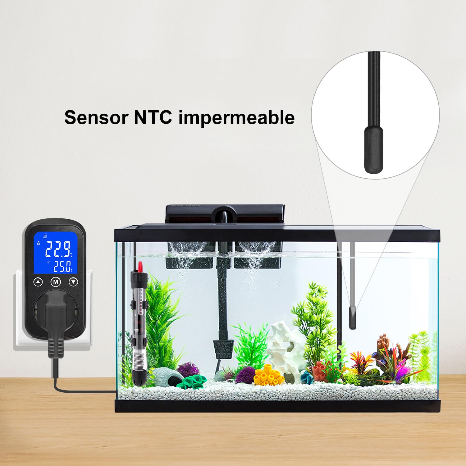KETOTEK KT2000 Controlador de Temperatura Digital con Sonda Impermeable – Termostato de Enchufe para Calefacción y Refrigeración – para Reptiles, Acuario, Terrario, Invernadero
