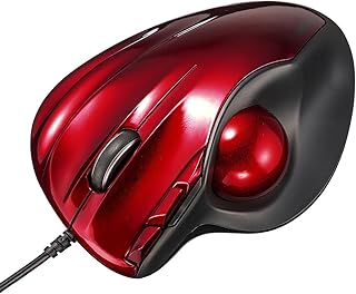 SANWA Wired Trackball Mouse, Ergonomic Roller Ball Mouse, 34mm Trackball, Thumb Control, Tilt Scroll, 400/800/1200/1600 DPI, 5 Buttons, Compatible with Laptop, Mac, Windows, Android, Chrome OS, Red