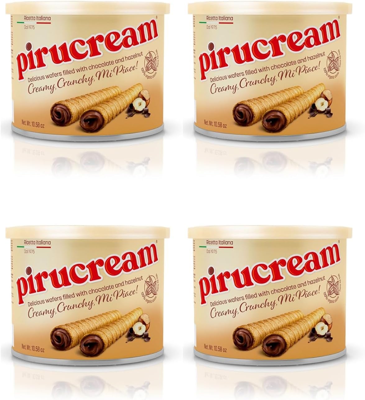 Pirucream Rolled Wafers with Chocolate Hazelnut, Organic Alkaline 100% Cocoa – No Trans-Fat, Preservatives, Colorants or Additives and without Palm Oil (300Gr/ 10.58Oz – 4 Pack Tin)